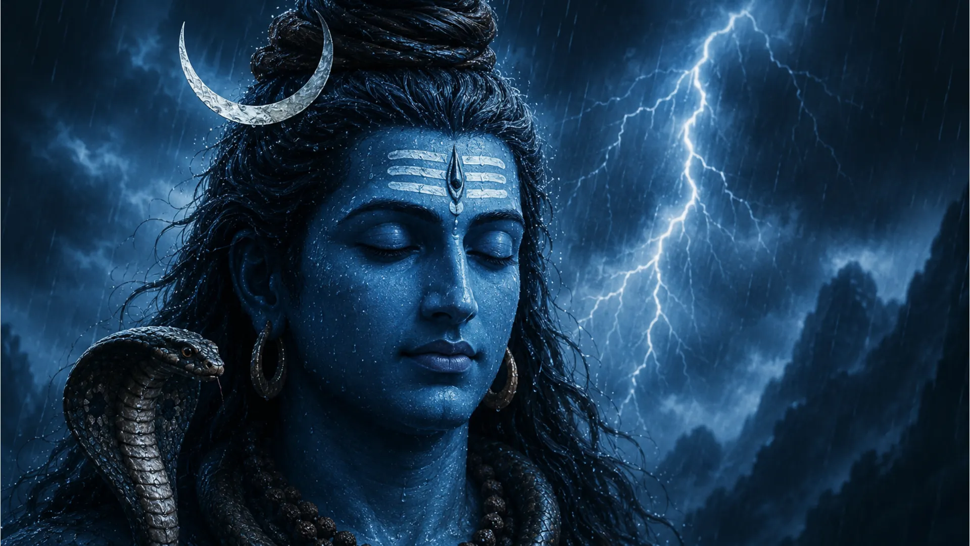 A close-up blue-toned portrait of Lord Shiva with closed eyes, rain droplets, lightning, crescent moon, and a cobra nearby.