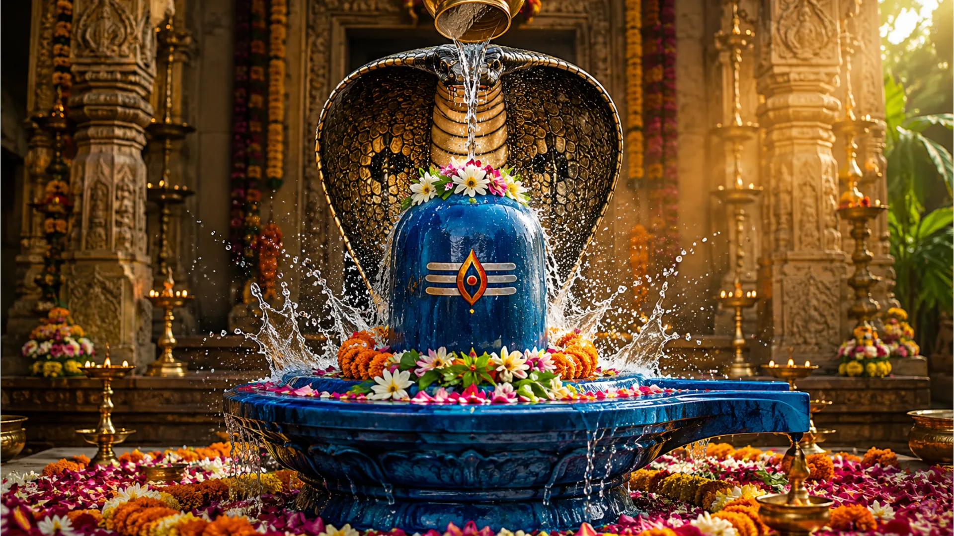 A blue Shiva lingam decorated with flowers and sacred markings, protected by a cobra while water pours over it.