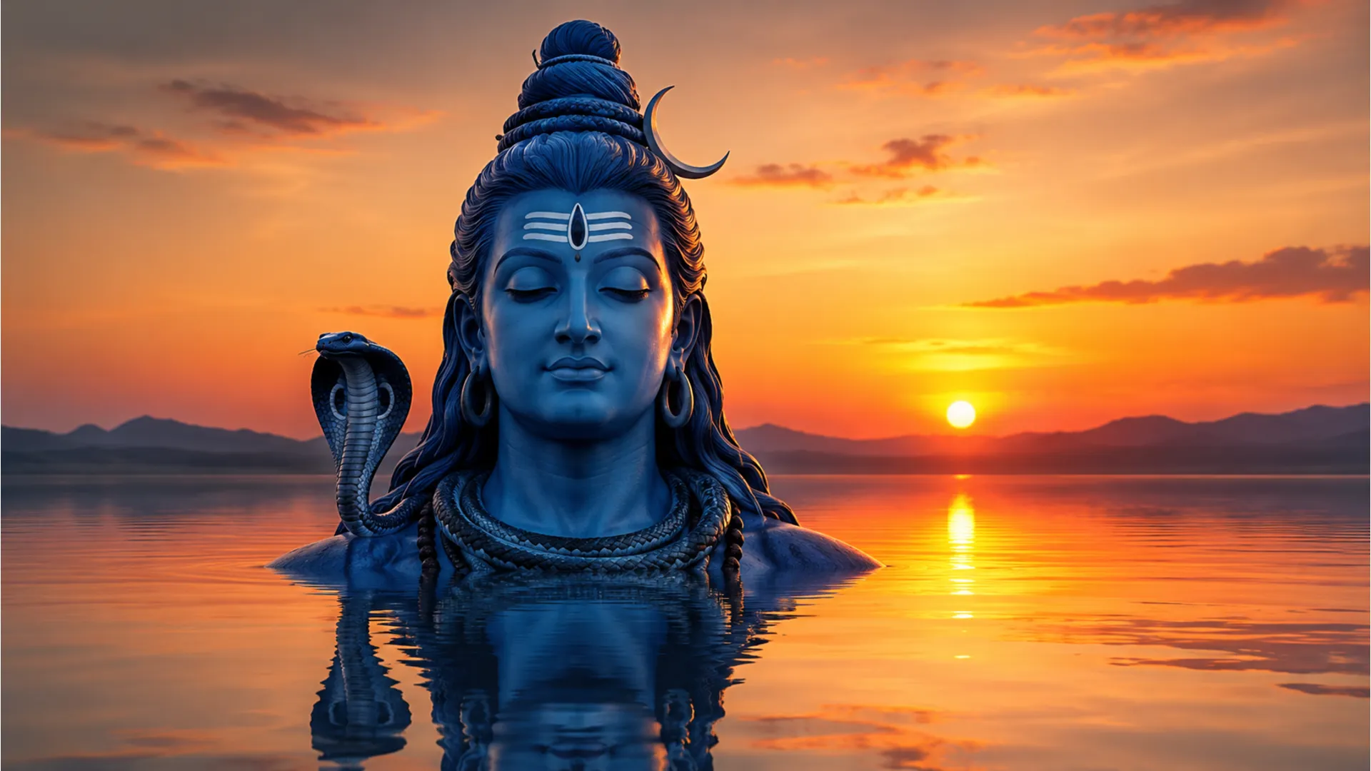 A large blue face of Lord Shiva rises from calm water during sunset, with a cobra shape beside him.
