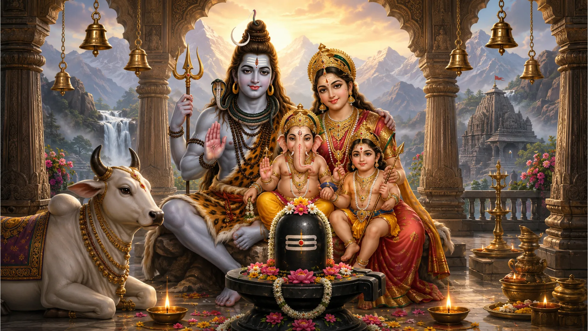 Lord Shiva, Goddess Parvati, children, Nandi, and a Shiva lingam appear together in a temple-like scene with lamps and mountains behind them.