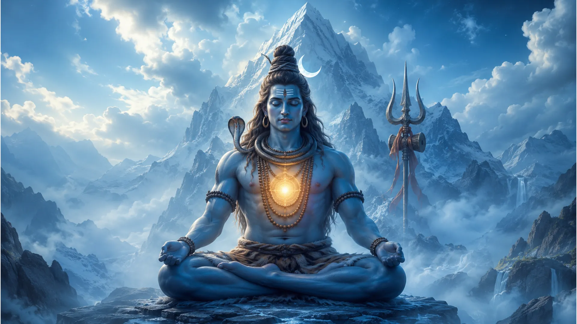 Mystical artwork of Lord Shiva meditating with glowing light at the chest and a trident in the background.