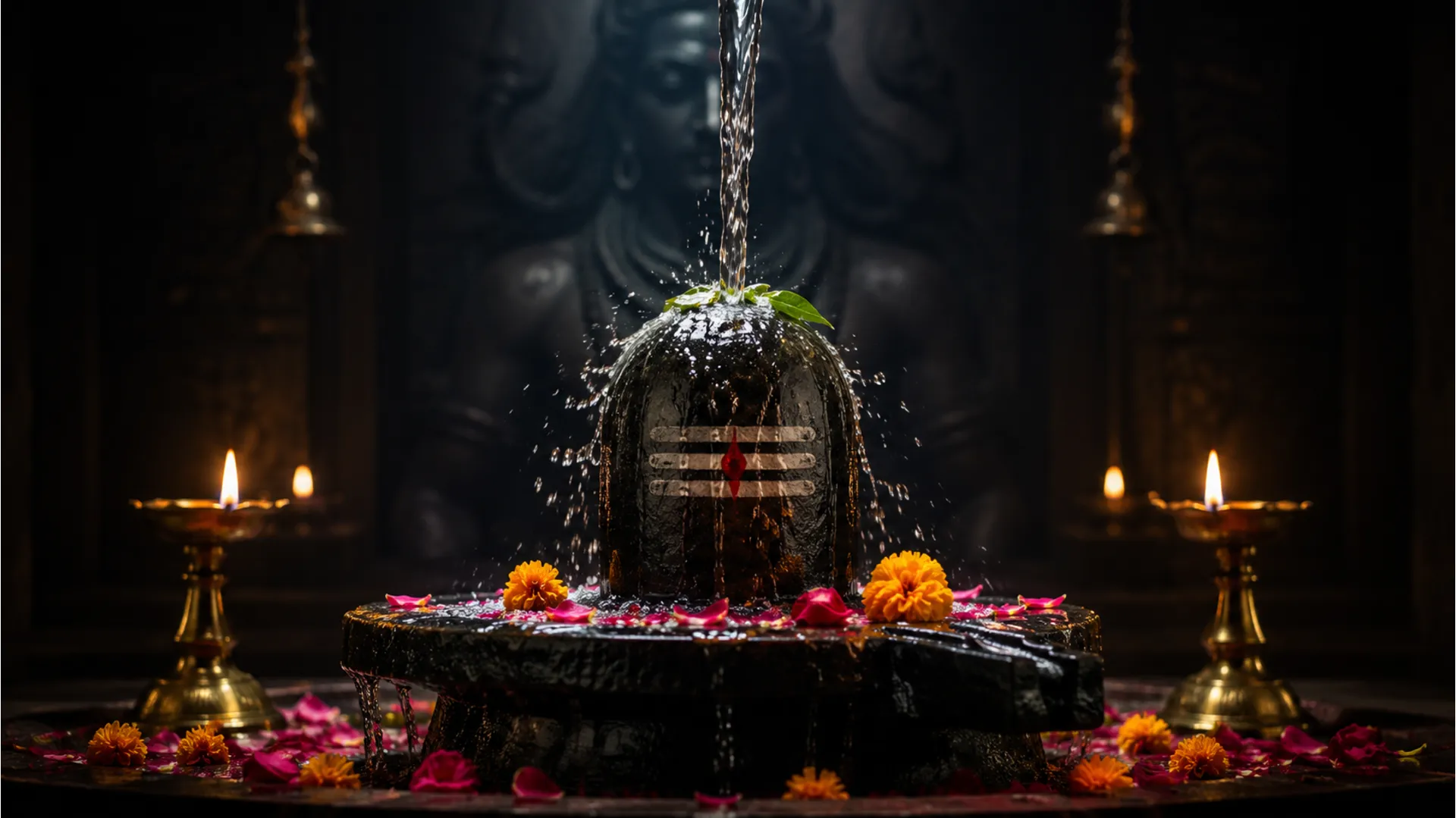 A dark temple scene showing water pouring over a Shiva Lingam surrounded by candles, petals, and a shadowy statue in the background.