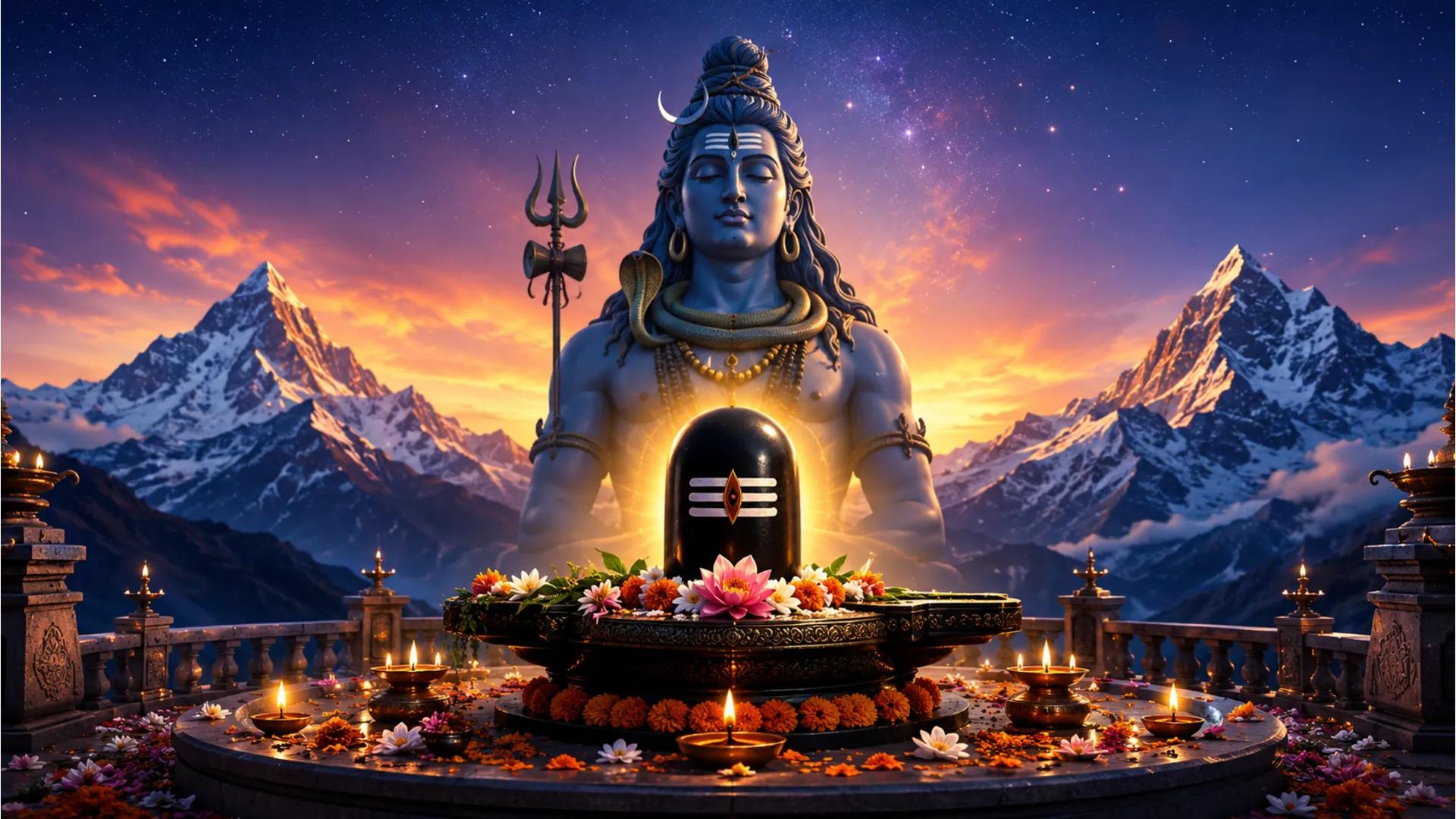A Shiva lingam decorated with flowers and lamps stands before a large statue of Lord Shiva and snowy mountains at sunset.