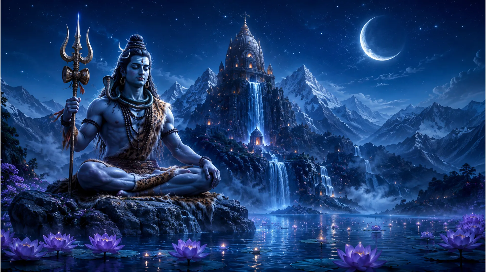 Fantasy devotional artwork of Lord Shiva meditating on a rocky mountain surrounded by waterfalls, lotus flowers, and a starry night sky.