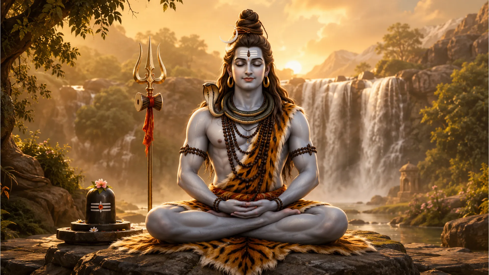 A repeating devotional pattern of Lord Shiva seated in a meditative pose with raised hand and traditional ornaments.