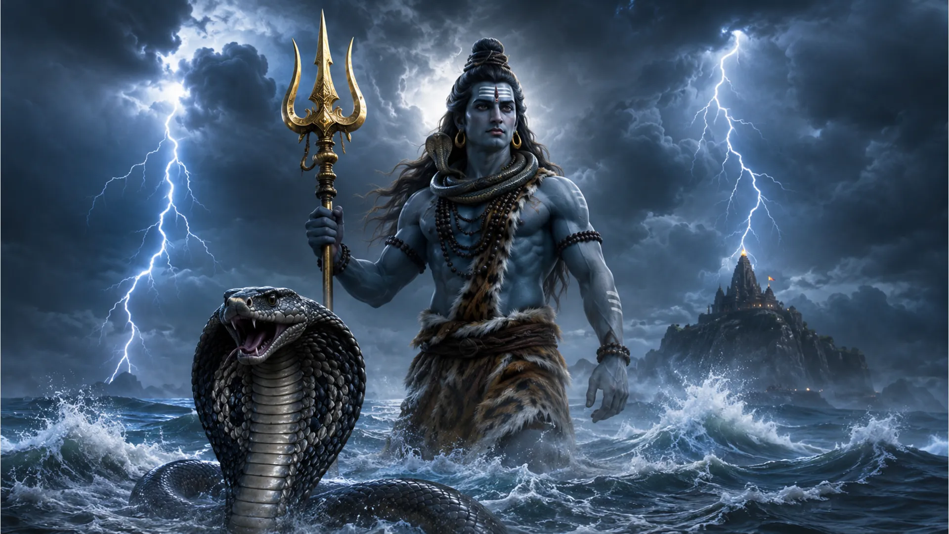 Lord Shiva stands behind a large cobra in stormy waters, holding a trident under a dramatic lightning-filled sky.