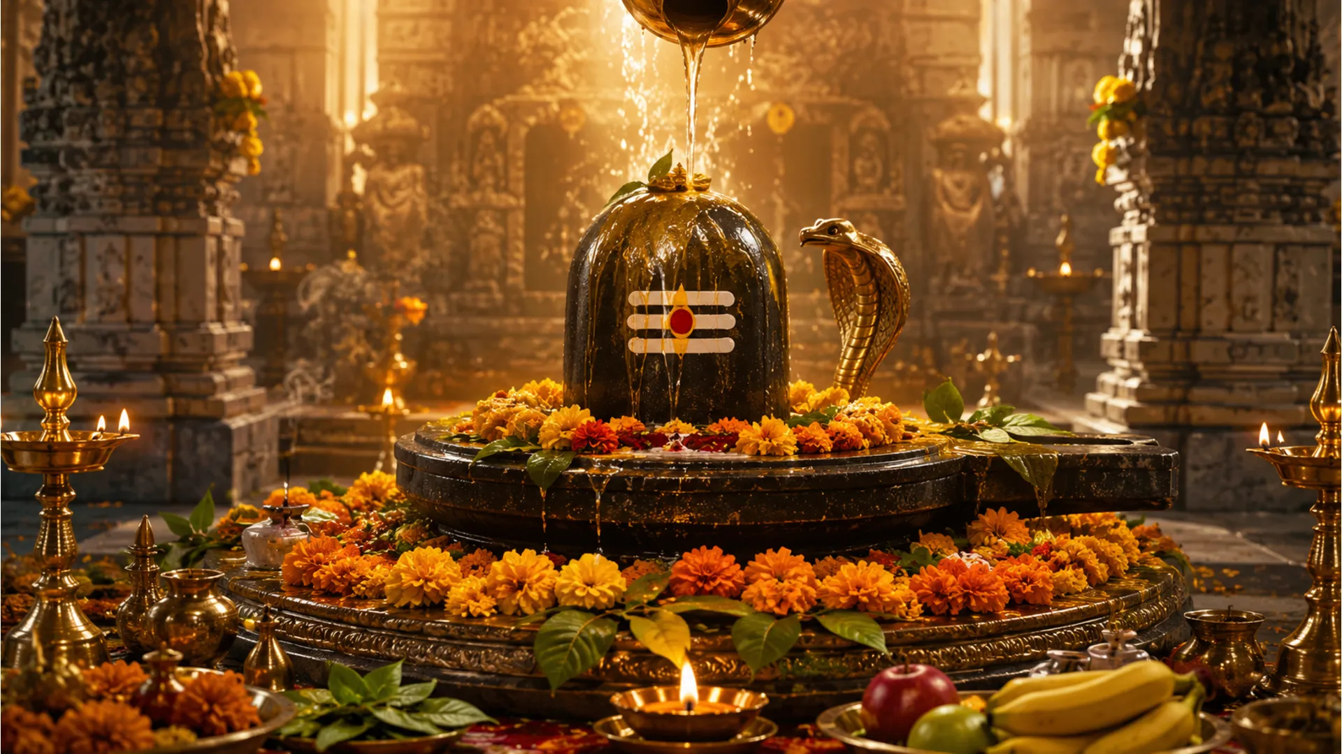 Shivling covered with flowers during a golden water abhishek ceremony inside a temple setting with lamps and offerings.