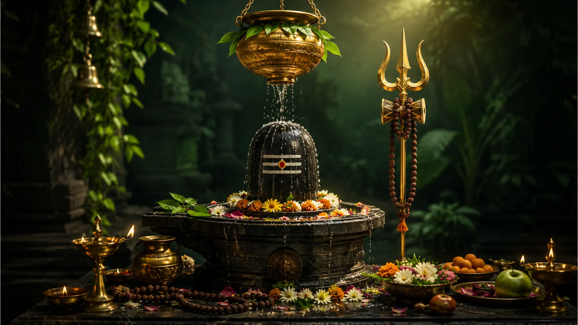 Shivling decorated with flowers and prayer beads while water pours from a vessel in a dark green devotional setting.