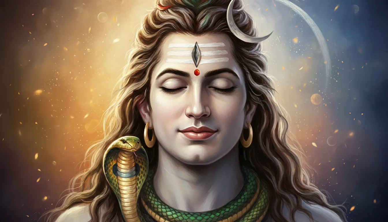 Blue-skinned Lord Shiva holding a trident with glowing background and sacred ornaments.