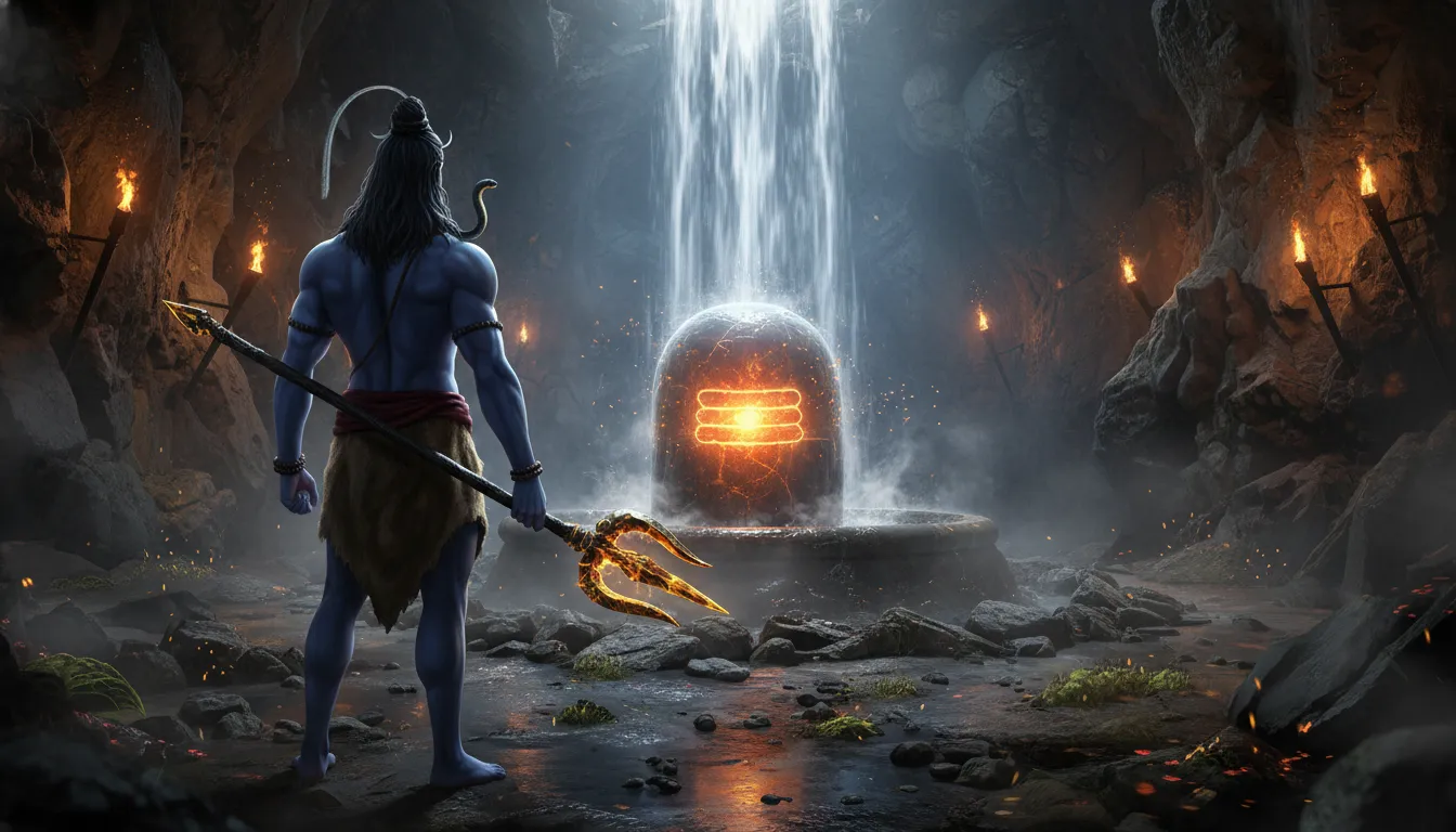 Rear view of Lord Shiva standing before a giant Shiva Lingam with a waterfall.