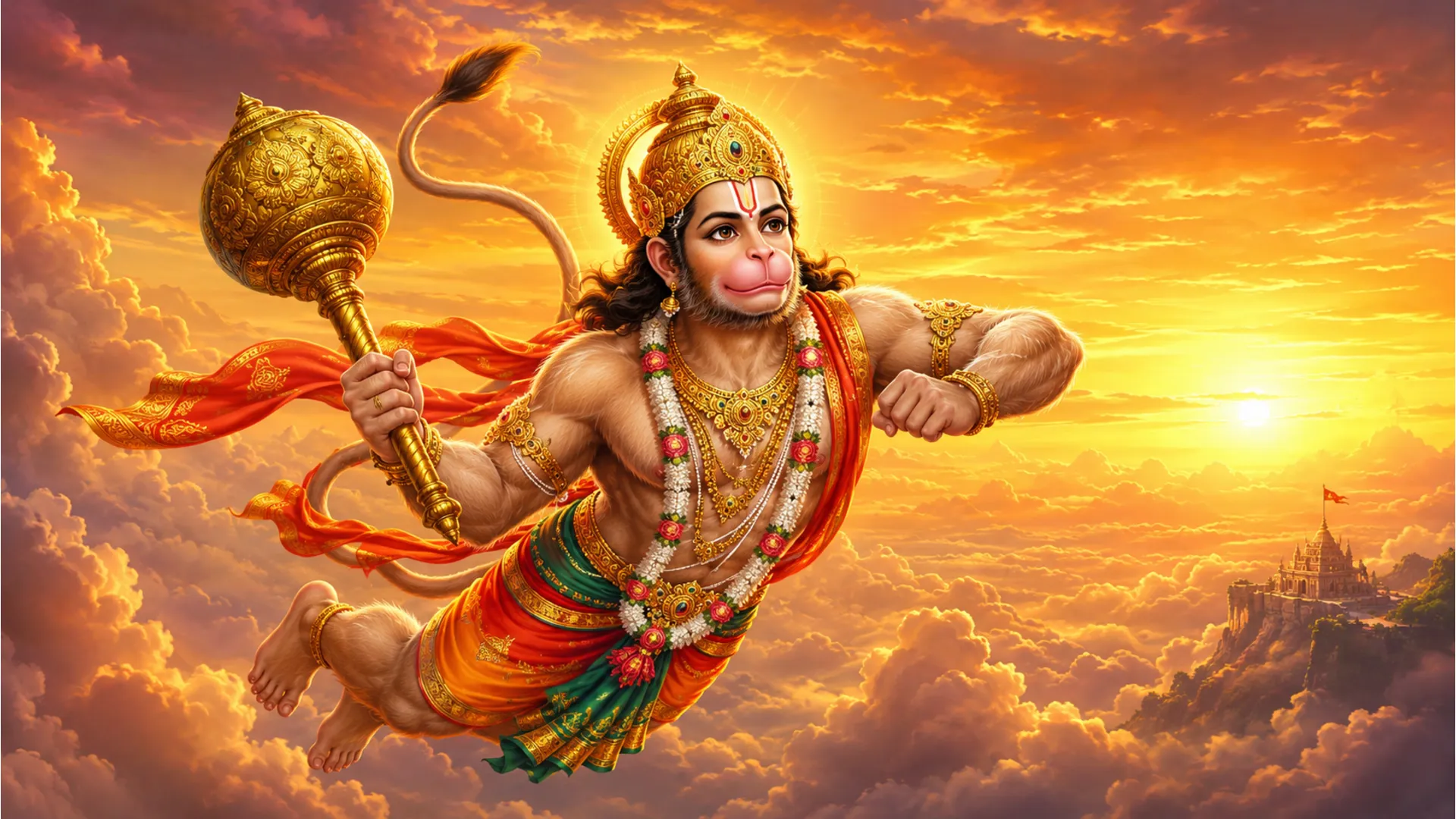 Young Lord Hanuman flying through a golden sky while holding a mace, surrounded by clouds and warm sunset light.