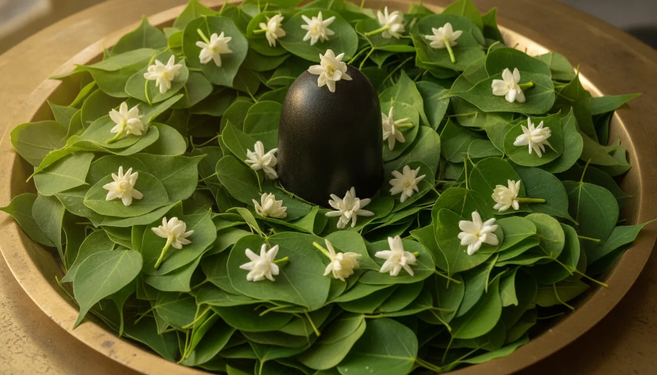 Eco-friendly shivling decoration with flowers images using abundant green Bilva leaves and small white Mogra blossoms for a natural look.
