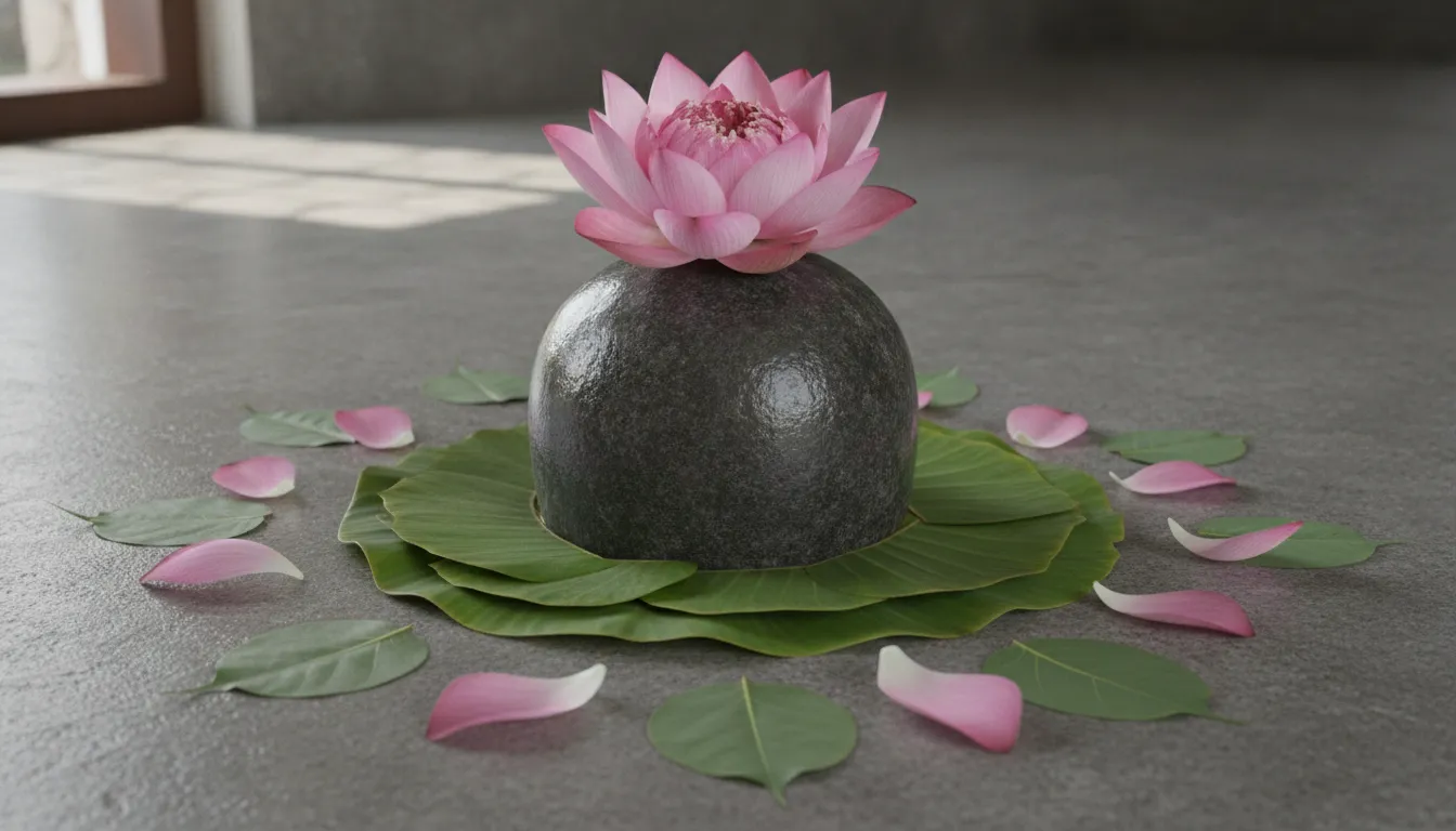 Minimalist shivling decoration with flowers images featuring a large blooming pink lotus flower placed reverently on top of a stone Lingam.