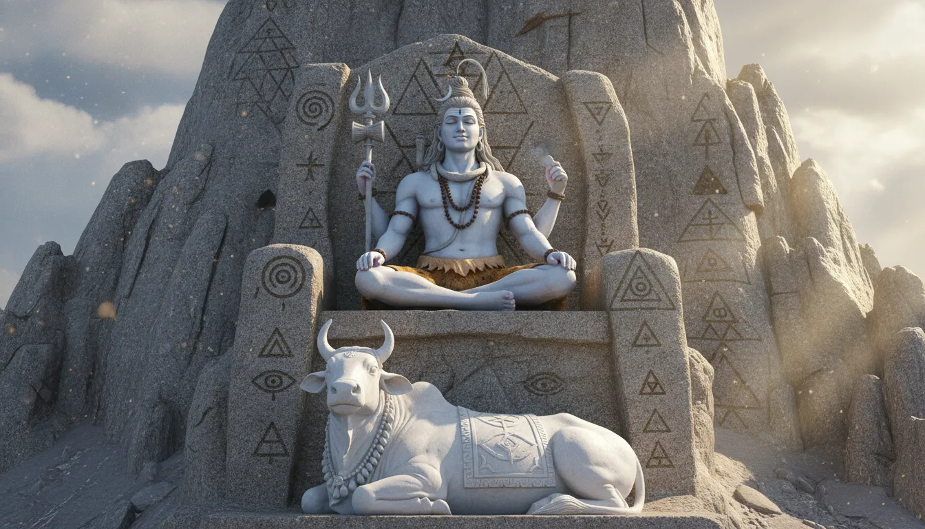 Lord Shiva on a monolithic stone throne symbolizing eternity with Nandi at his feet.