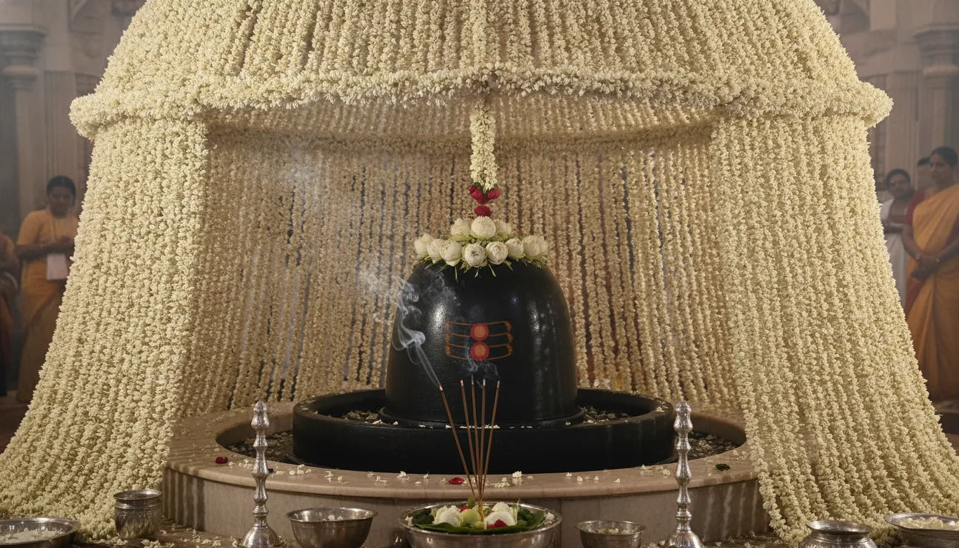 Mahashivratri special shivling decoration with flowers images displaying intricate white jasmine strings draped like a canopy over the deity.