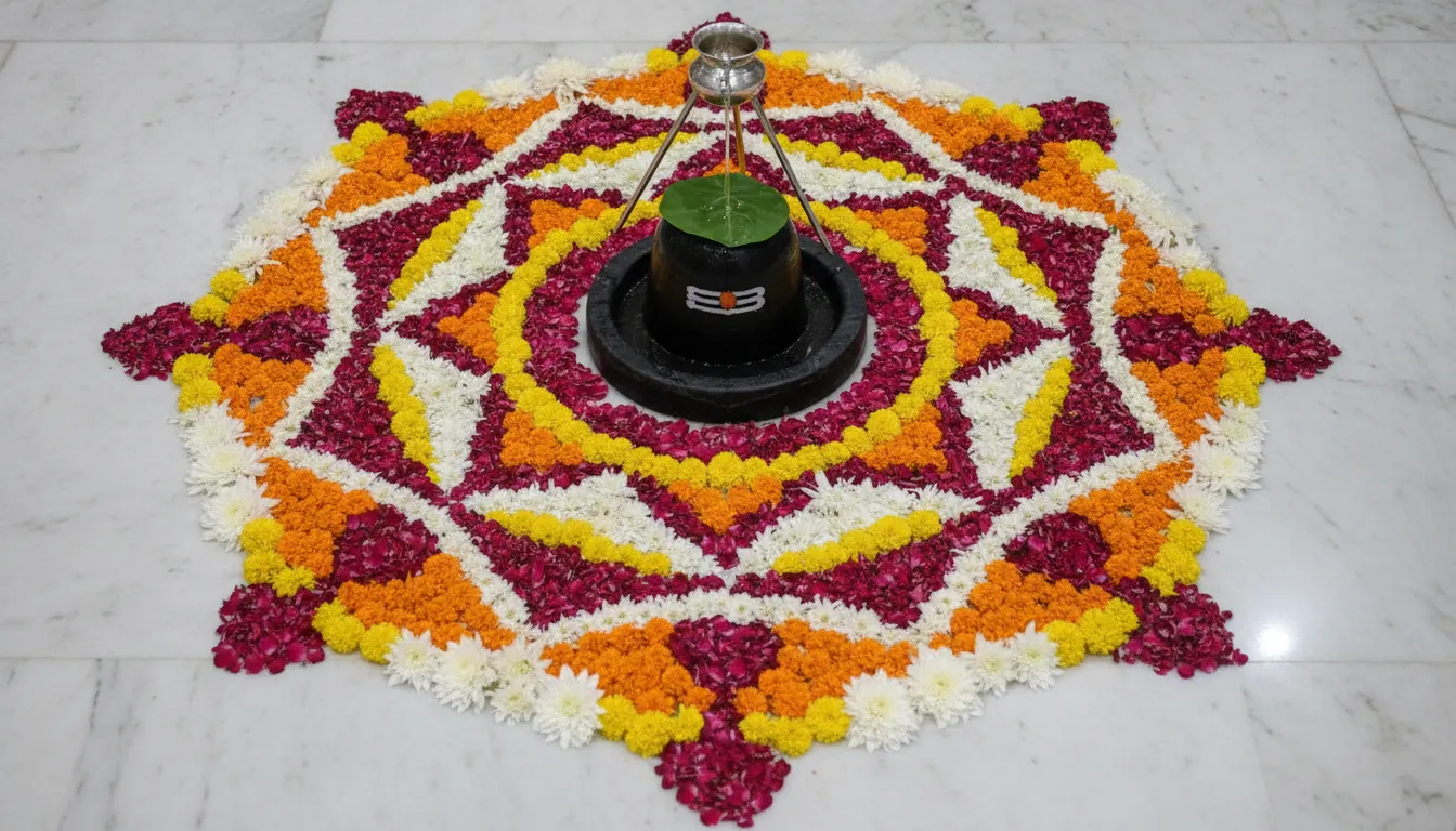 Colorful shivling decoration with flowers images depicting a multi-colored floral mandala pattern designed on the floor around a black deity.