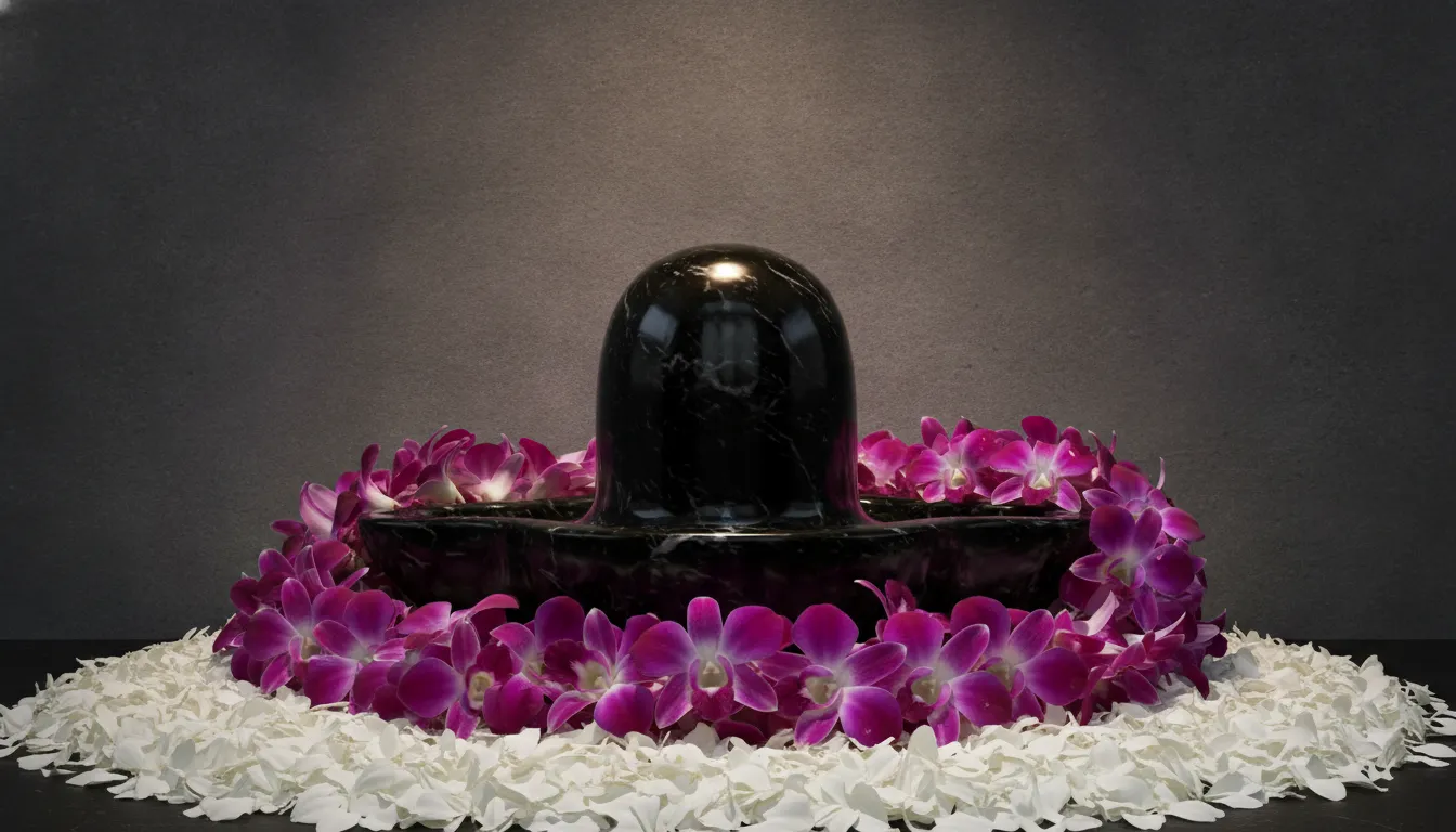 Modern shivling decoration with flowers images featuring exotic purple orchid garlands wrapped around a smooth black marble idol.
