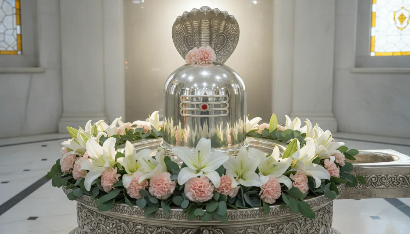 Royal shivling decoration with flowers images featuring a silver-plated Lingam adorned with elegant white lilies and light pink carnations.