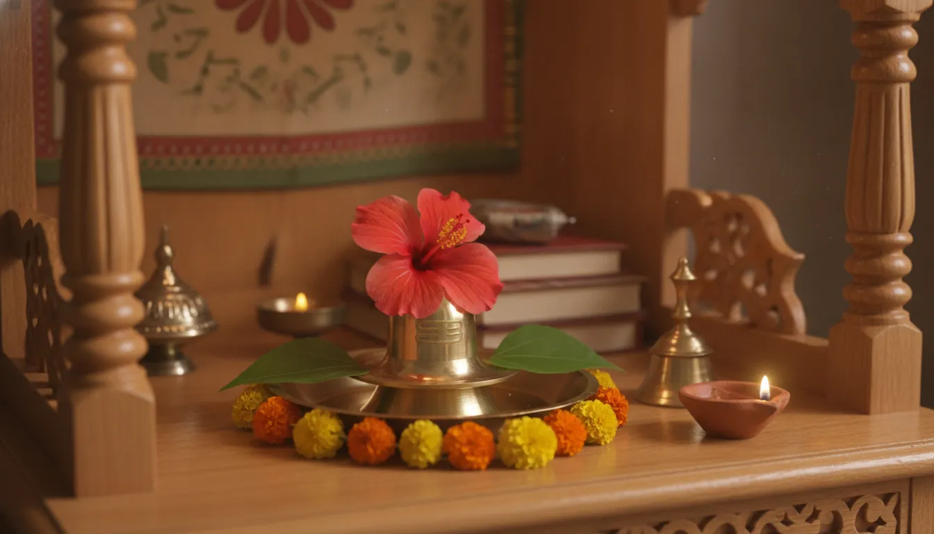 Simple shivling decoration with flowers images showing a home mandir setup with red hibiscus flowers and yellow marigolds.