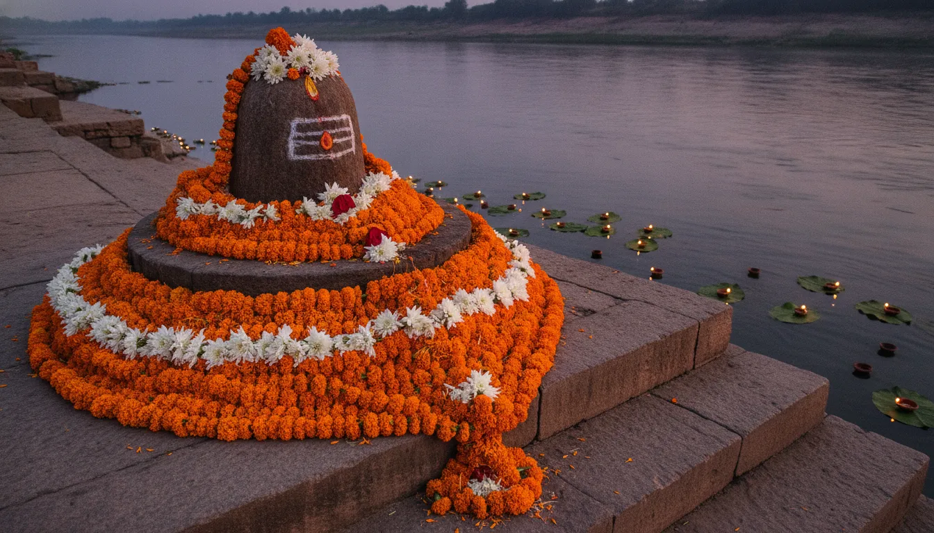 Outdoor shivling decoration with flowers images on a riverbank during evening time with floating flowers and clay lamps.