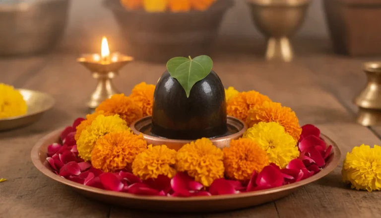 Traditional shivling decoration with flowers images showing bright orange marigolds and red rose petals surrounding a black stone Mahadev idol.