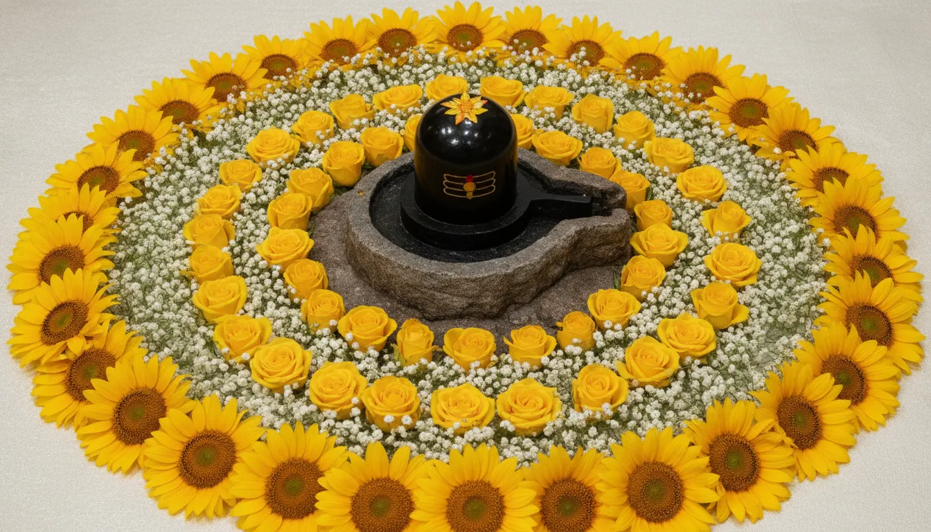Sunburst themed shivling decoration with flowers images displaying bright yellow sunflowers and premium yellow roses arranged in circular rings.