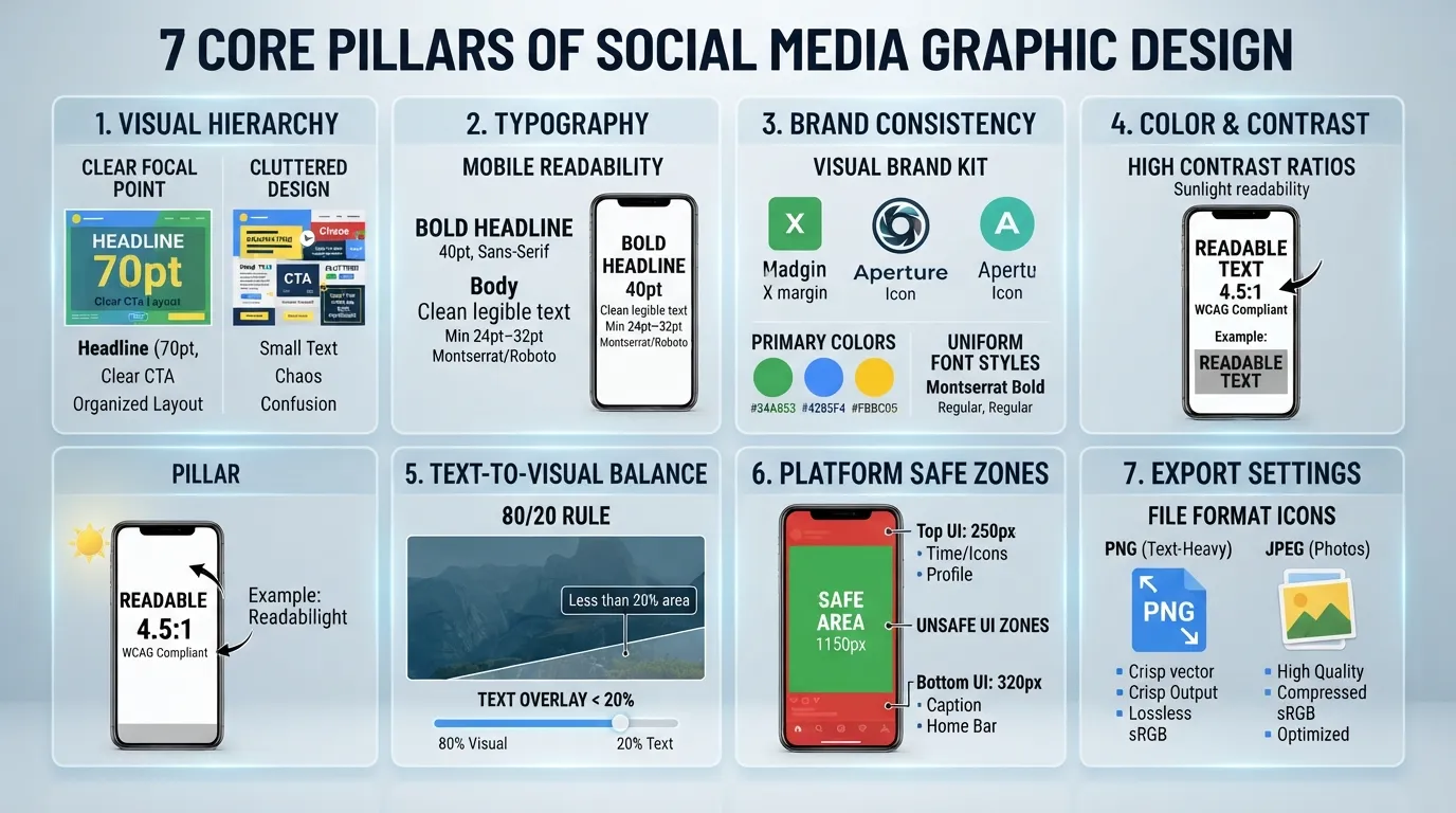 Infographic showing a 7-point social media design checklist covering visual hierarchy, typography, brand consistency, color contrast, safe zones, text balance, and export settings.