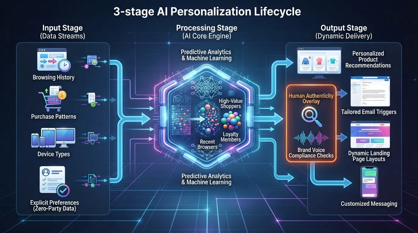 Diagram showing AI-powered personalization at scale using predictive analytics, user behavioral data, and dynamic content delivery.
