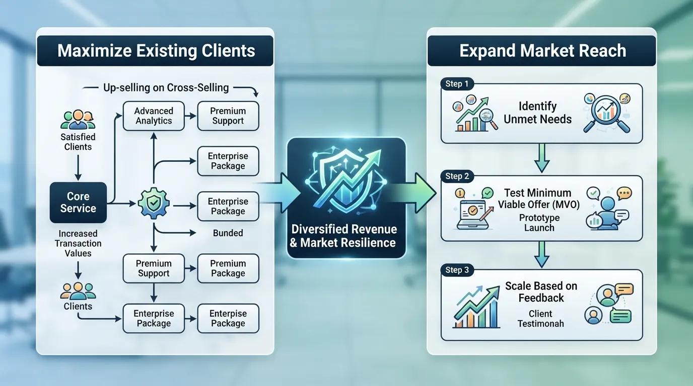 Diagram showing business diversification strategies including cross-selling to existing clients and introducing new market-demanded service offerings.