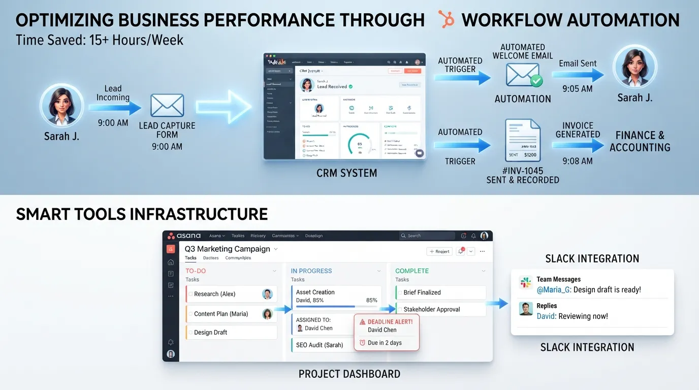 Diagram illustrating automated business operations including invoicing, CRM, email autoresponders, and team project management tools.