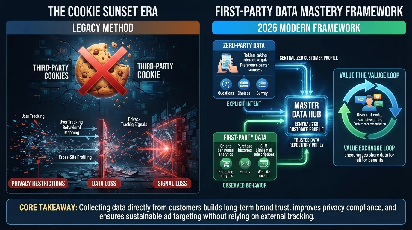 Diagram showing the transition from third-party cookieless tracking to first-party and zero-party data collection strategies for digital marketing.