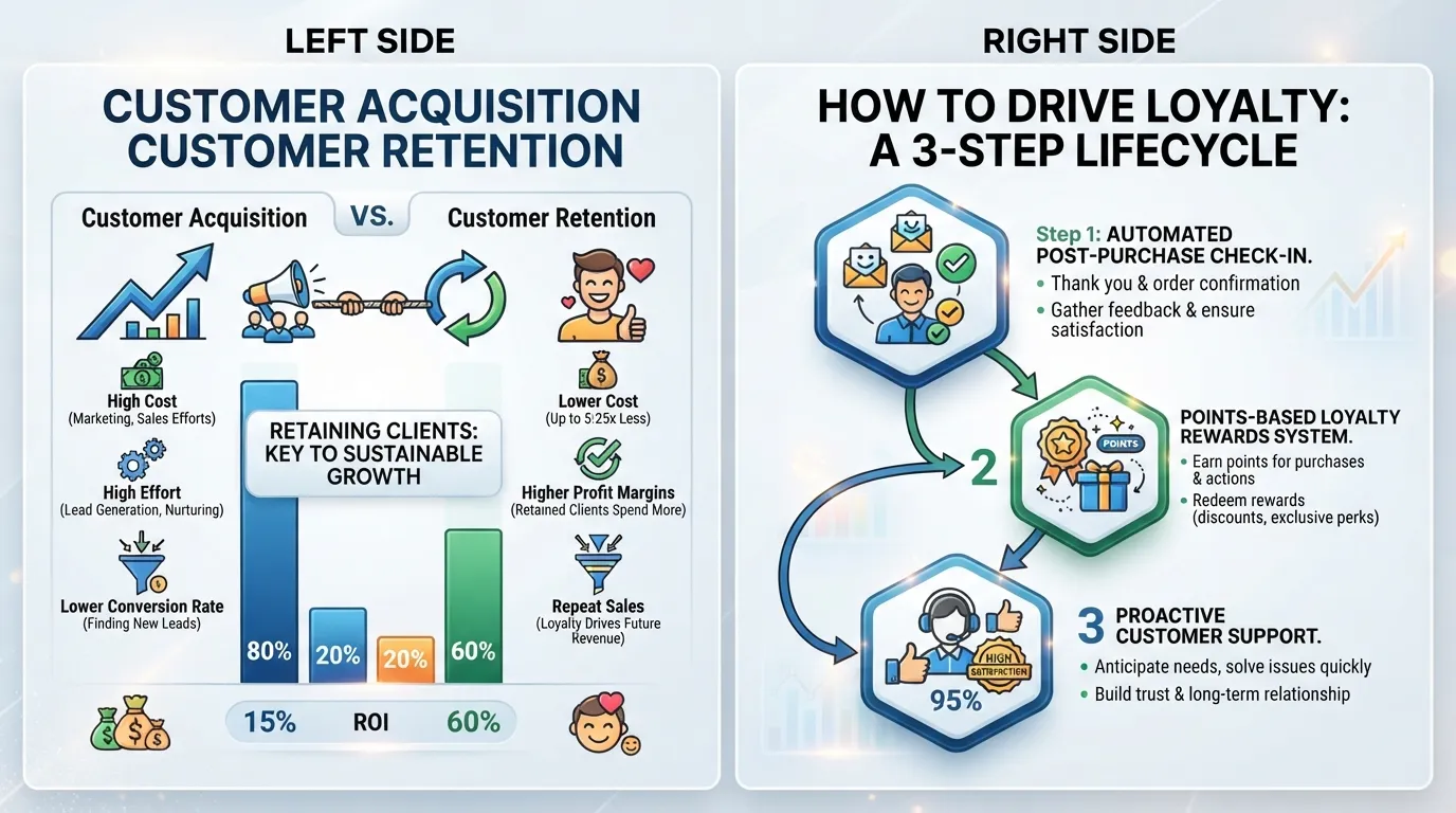 Infographic comparing customer acquisition costs with retention benefits, featuring a step-by-step customer loyalty lifecycle.
