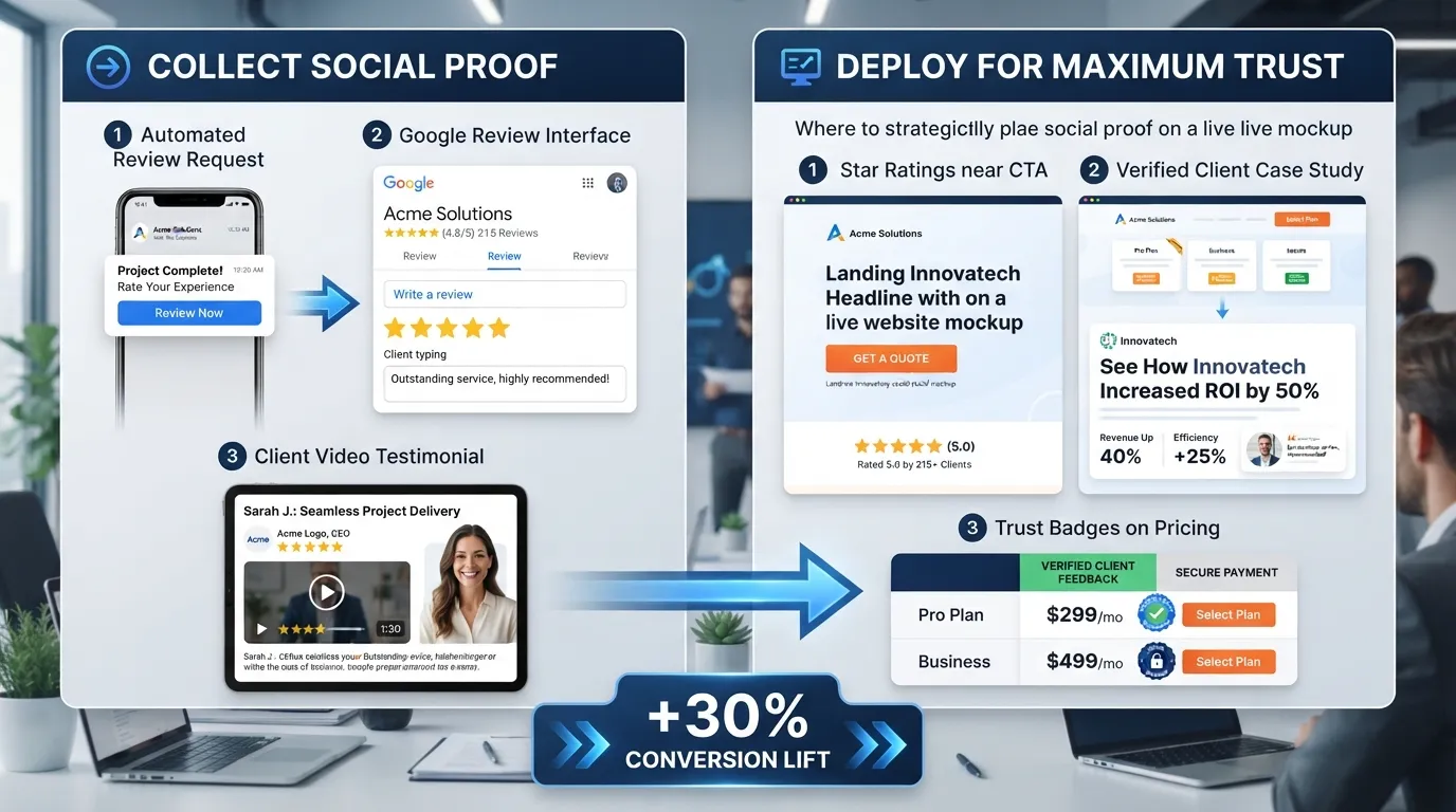 Diagram showing a process for collecting Google reviews, creating client case studies, and displaying trust badges on conversion pages.