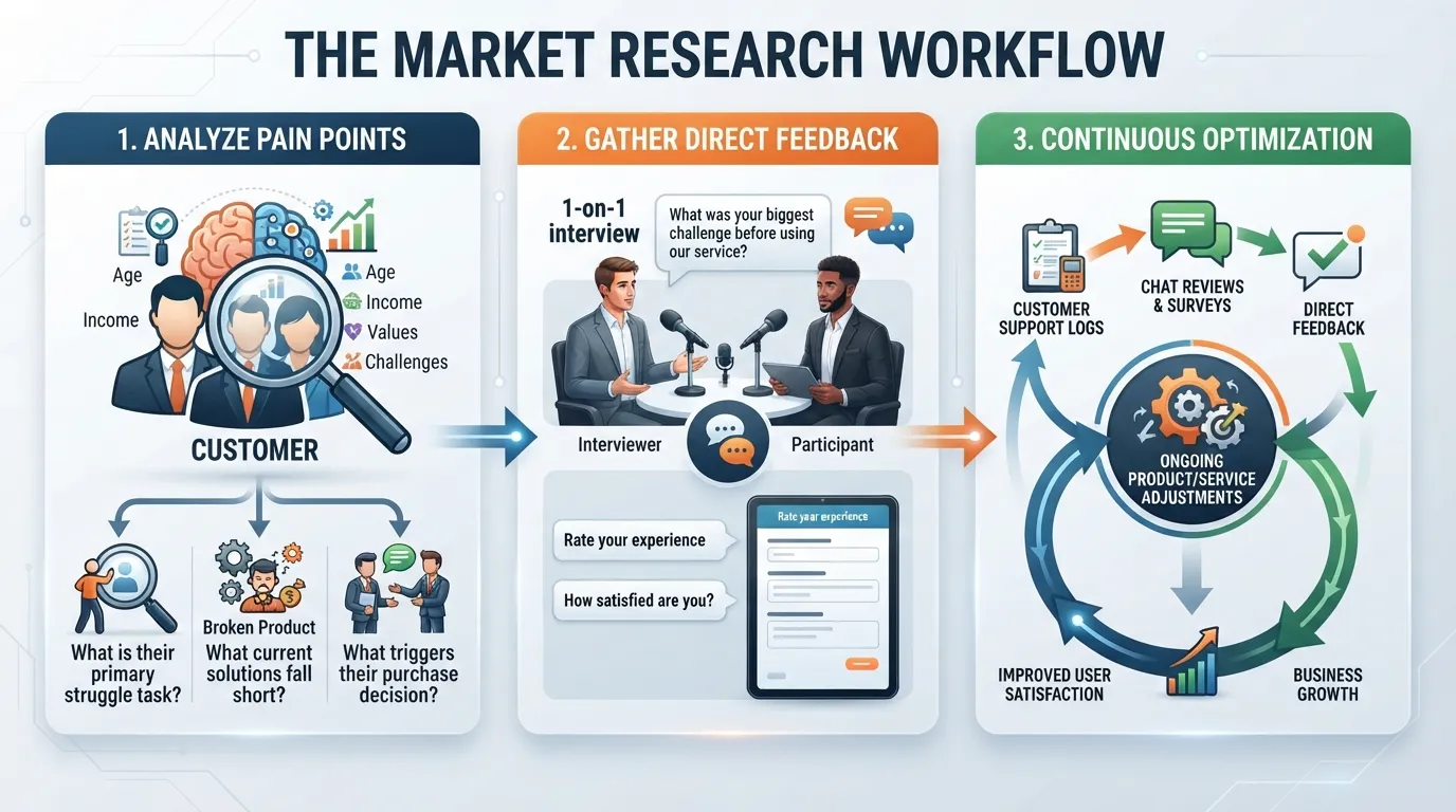 Infographic showing a step-by-step framework for deep market research, customer pain point analysis, and gathering feedback through customer interviews and surveys.