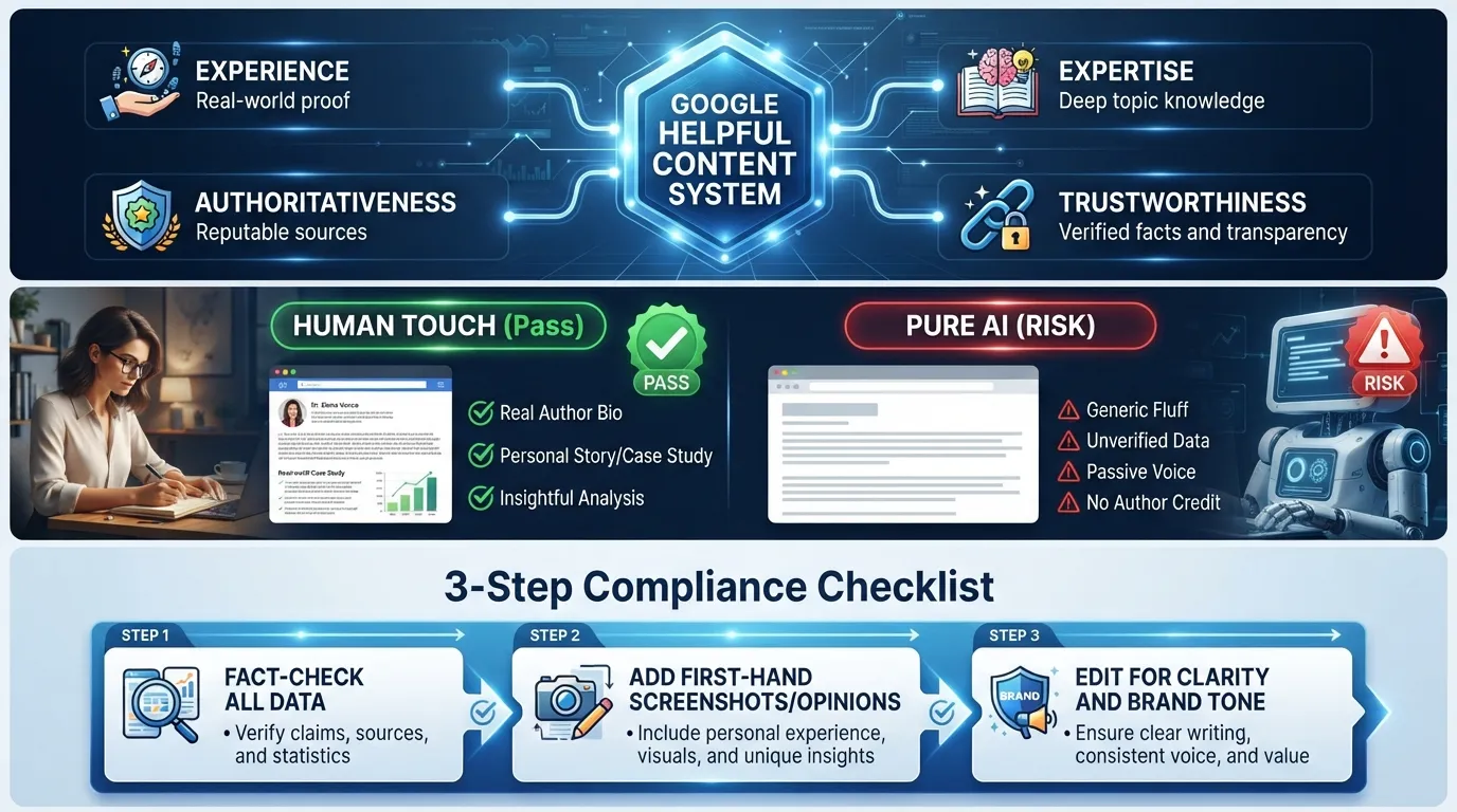 Flowchart and comparison table illustrating Google E-E-A-T guidelines and Helpful Content compliance for web publishing