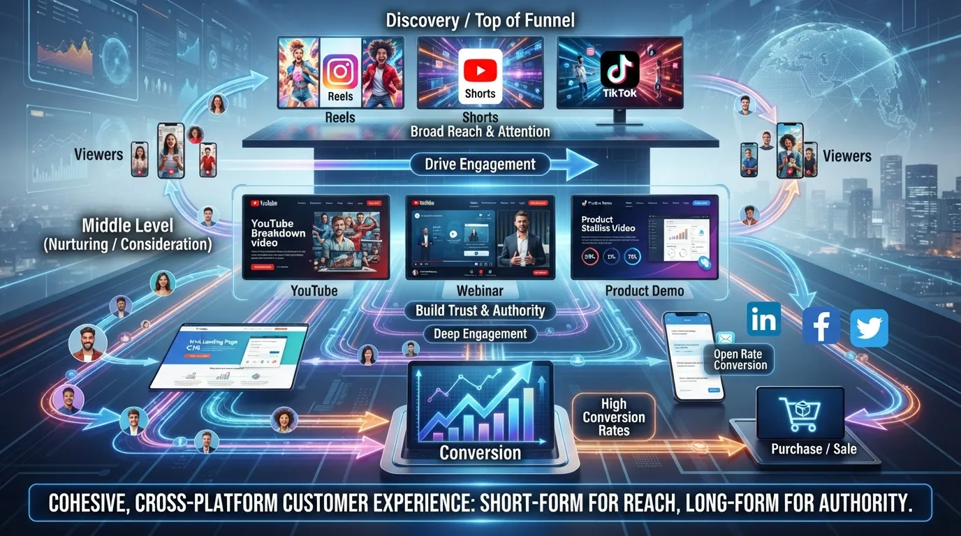 Diagram mapping a high-impact video marketing funnel across multiple social and web channels in an omnichannel brand strategy.