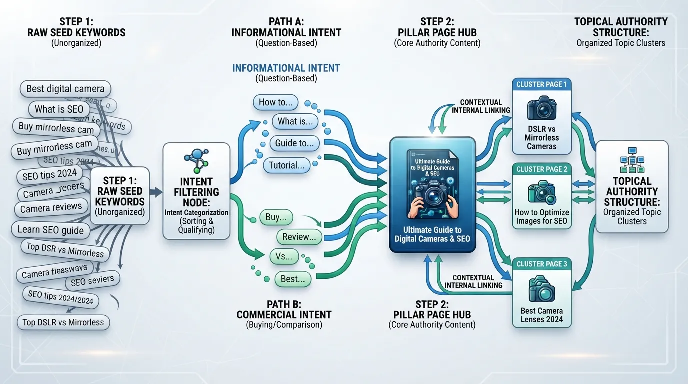 Diagram showing intent-driven keyword clustering mapping seed keywords into informational and commercial search intent groups linked to a central pillar page.