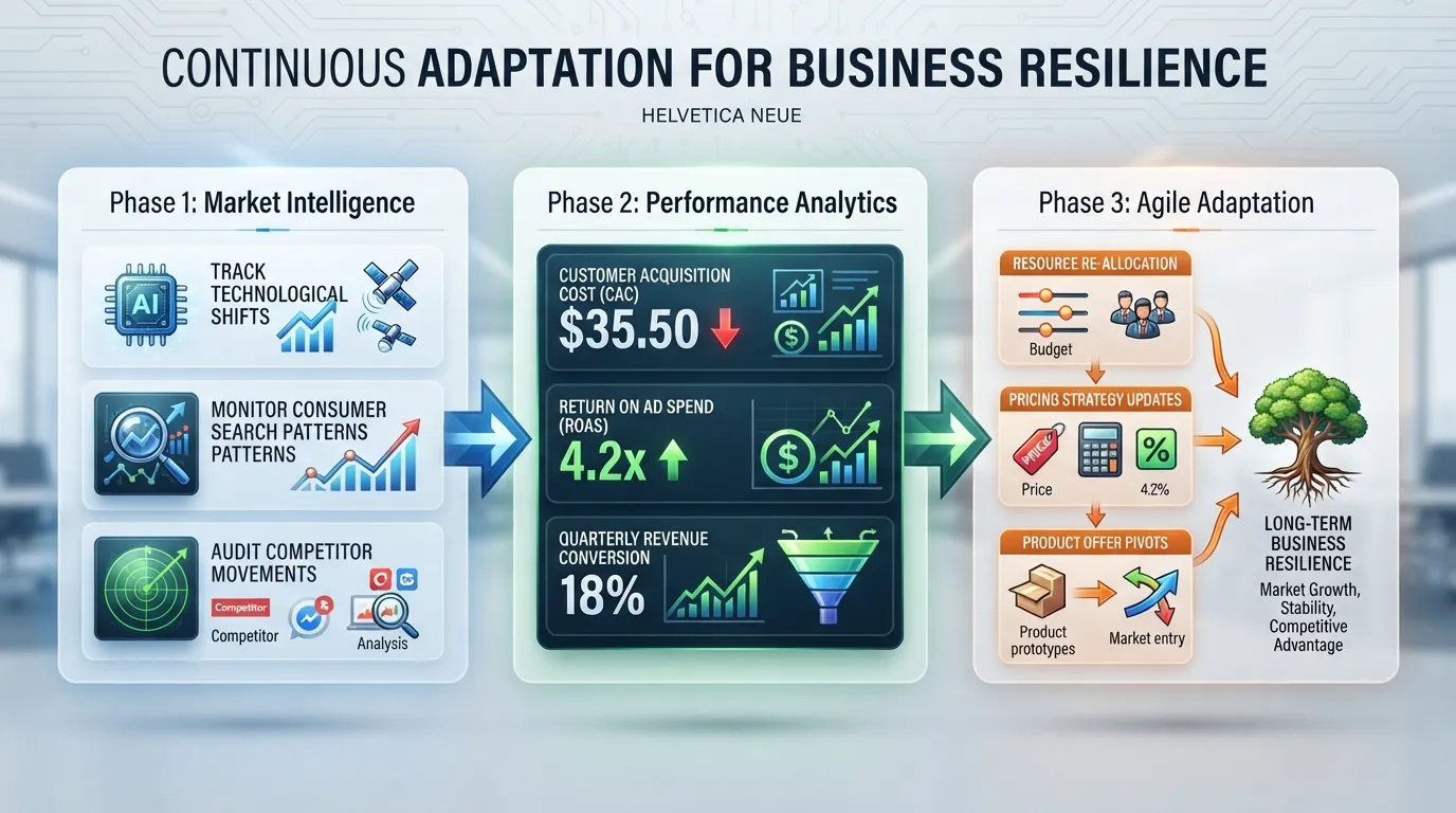 A business strategy workflow showing market trend tracking, performance data analysis, and agile decision-making.