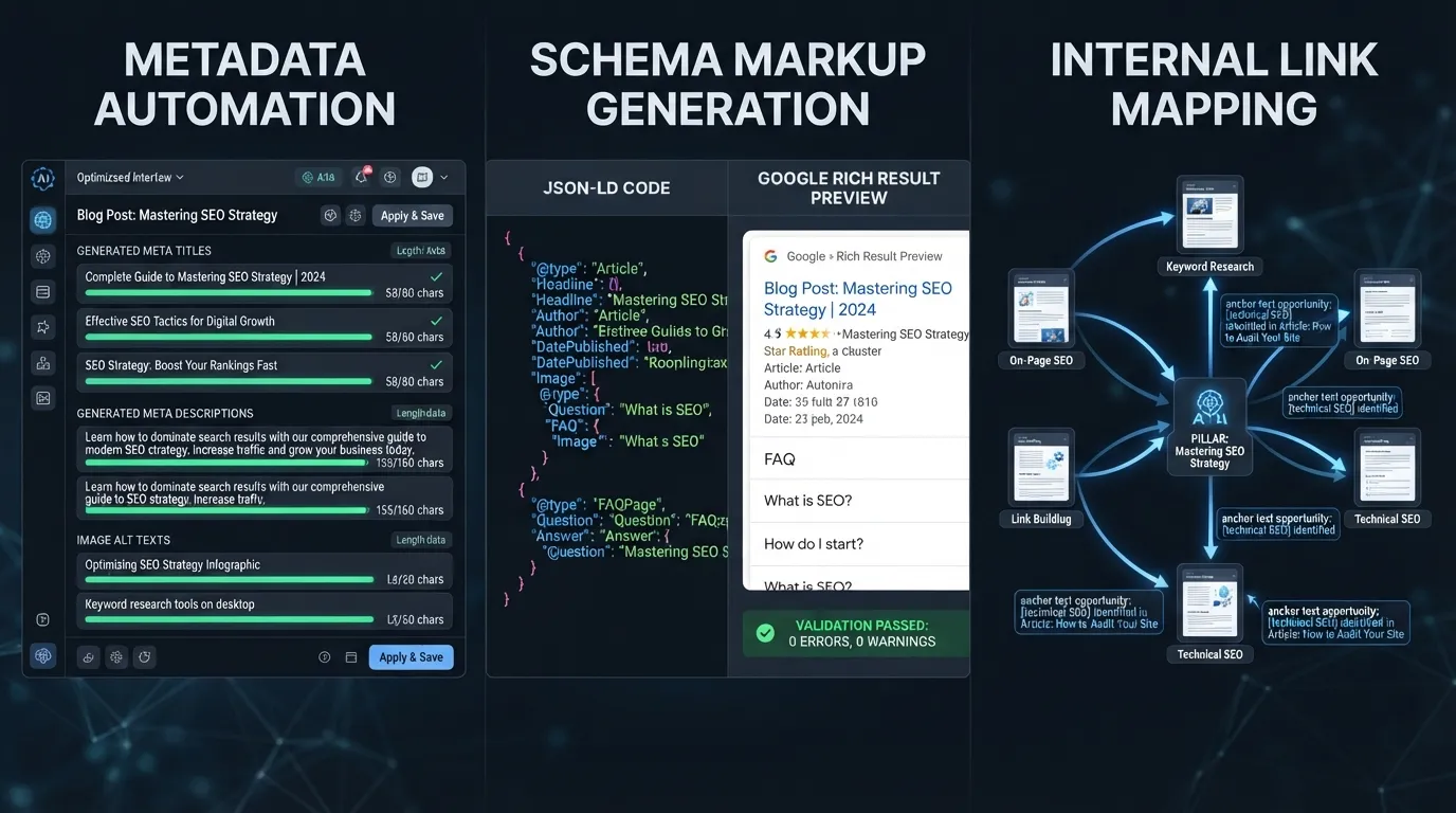 A step-by-step workflow diagram showing on-page and technical SEO automation including meta title generation, JSON-LD schema markup creation, and internal link mapping using software dashboards.