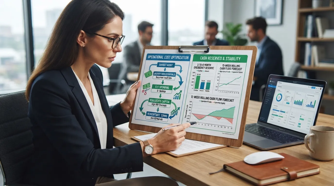 Financial planning dashboard and cash flow management diagram showing operating budget reduction, cash reserve maintenance, and cash flow forecasting for small businesses.