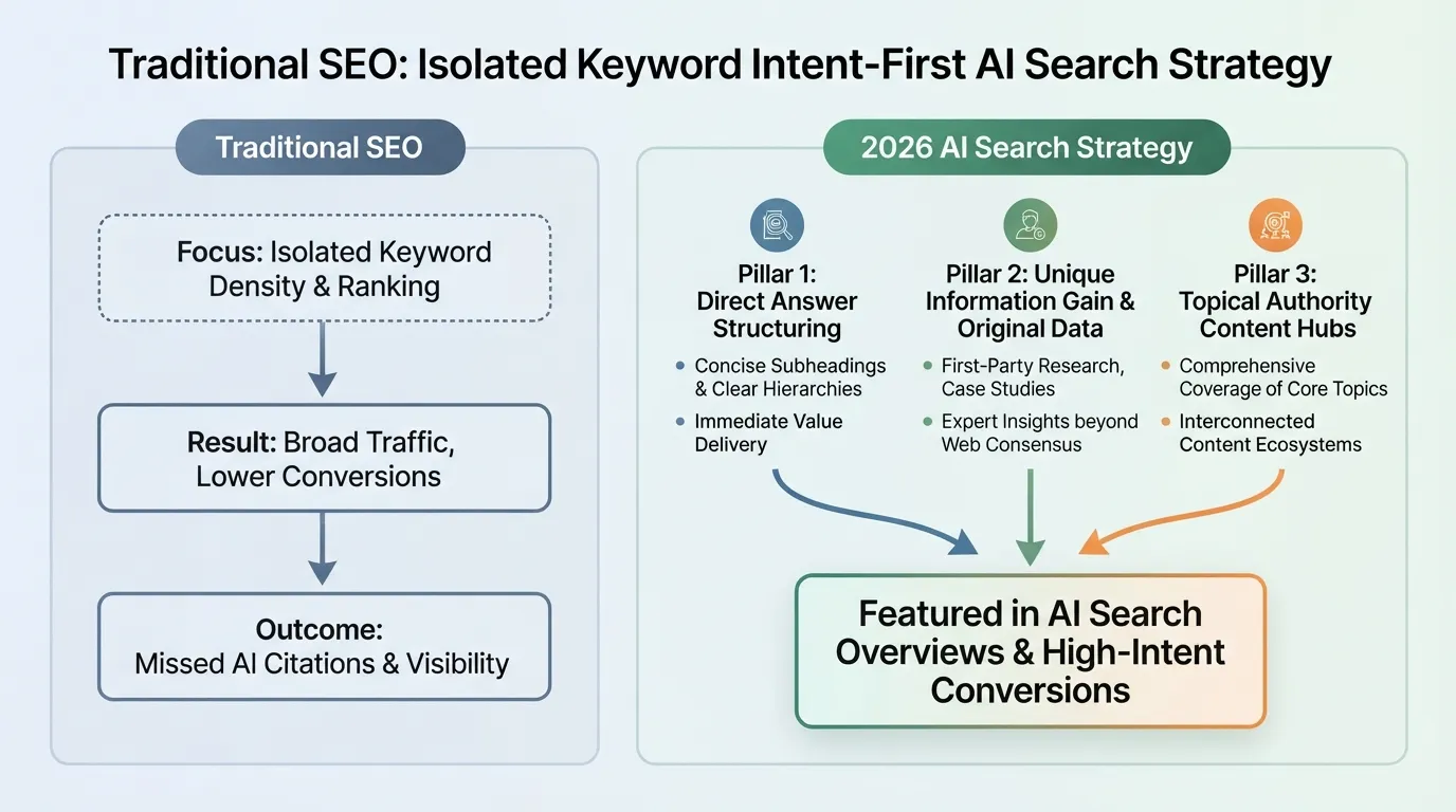 An informational diagram illustrating intent-first SEO optimization for AI search engines, showing how direct answers, structured content, and topical authority hubs lead to high AI overview citations and organic growth.