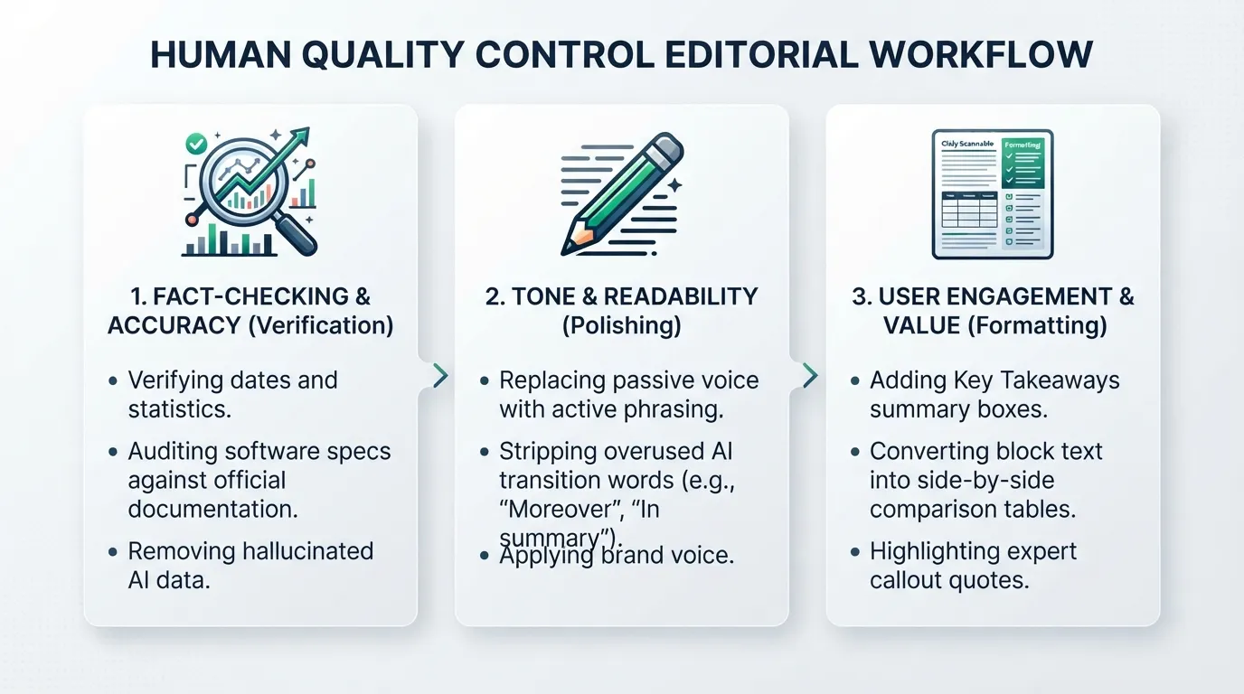 Infographic diagram showing the 3-stage human editorial process for AI SEO content: fact-checking data, polishing brand voice, and adding user engagement elements.