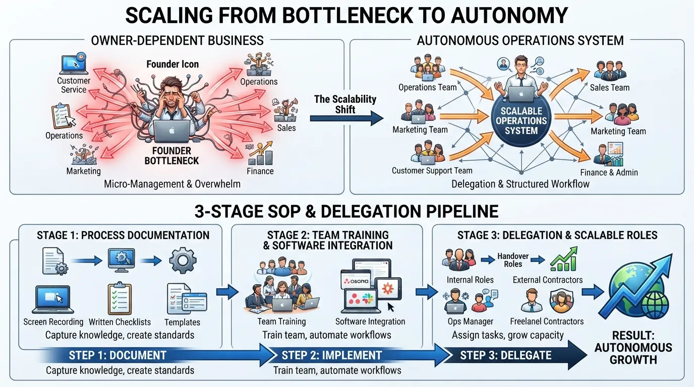 Workflow diagram illustrating how to build Standard Operating Procedures and delegate tasks to eliminate owner dependency.