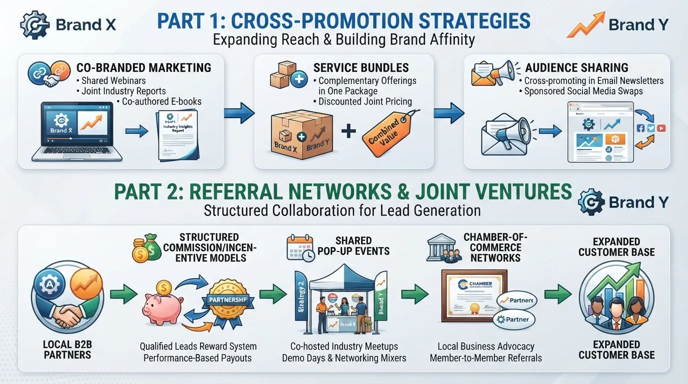 Diagram showing strategic B2B cross-promotion, local business co-marketing bundles, and a structured referral incentive network.