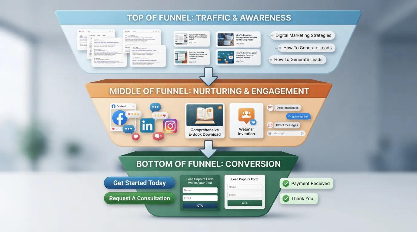 A three-stage digital marketing funnel chart showing organic search traffic at top, social media engagement in middle, and direct lead conversions at bottom.