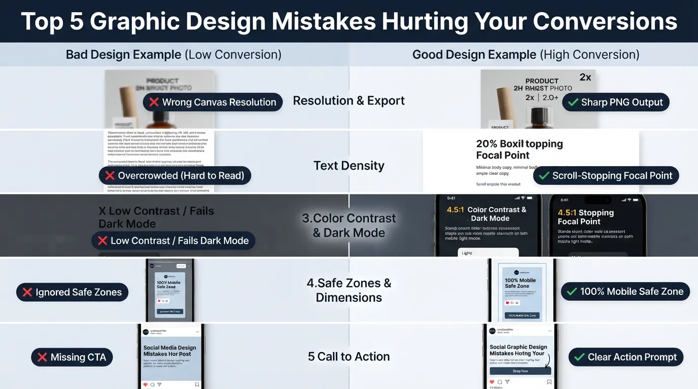Comparison infographic illustrating top 5 social media graphic design mistakes ruining conversions, including poor resolution, low contrast, text overcrowding, wrong aspect ratio, and missing CTA.