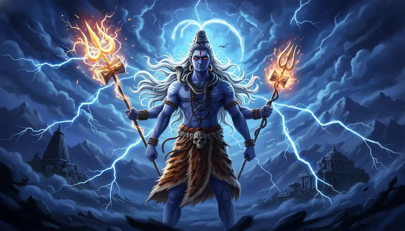 Fierce animated Lord Shiva with lightning and dark blue skin HD.