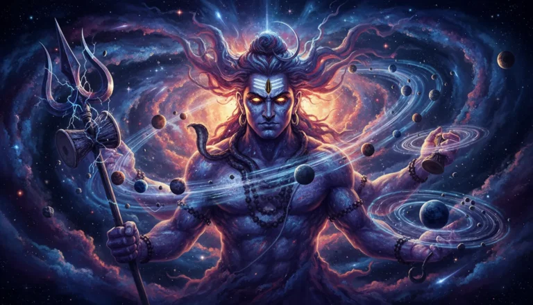 Lord Shiva’s silhouette in space with galaxies and angry expression.
