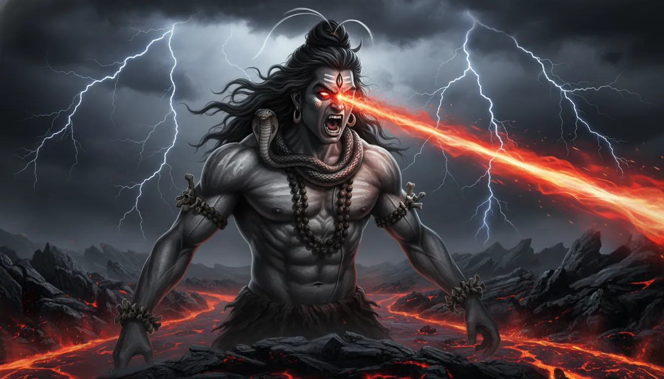Fierce and powerful Rudra avatar of Lord Shiva with glowing third eye, 1080p HD image.