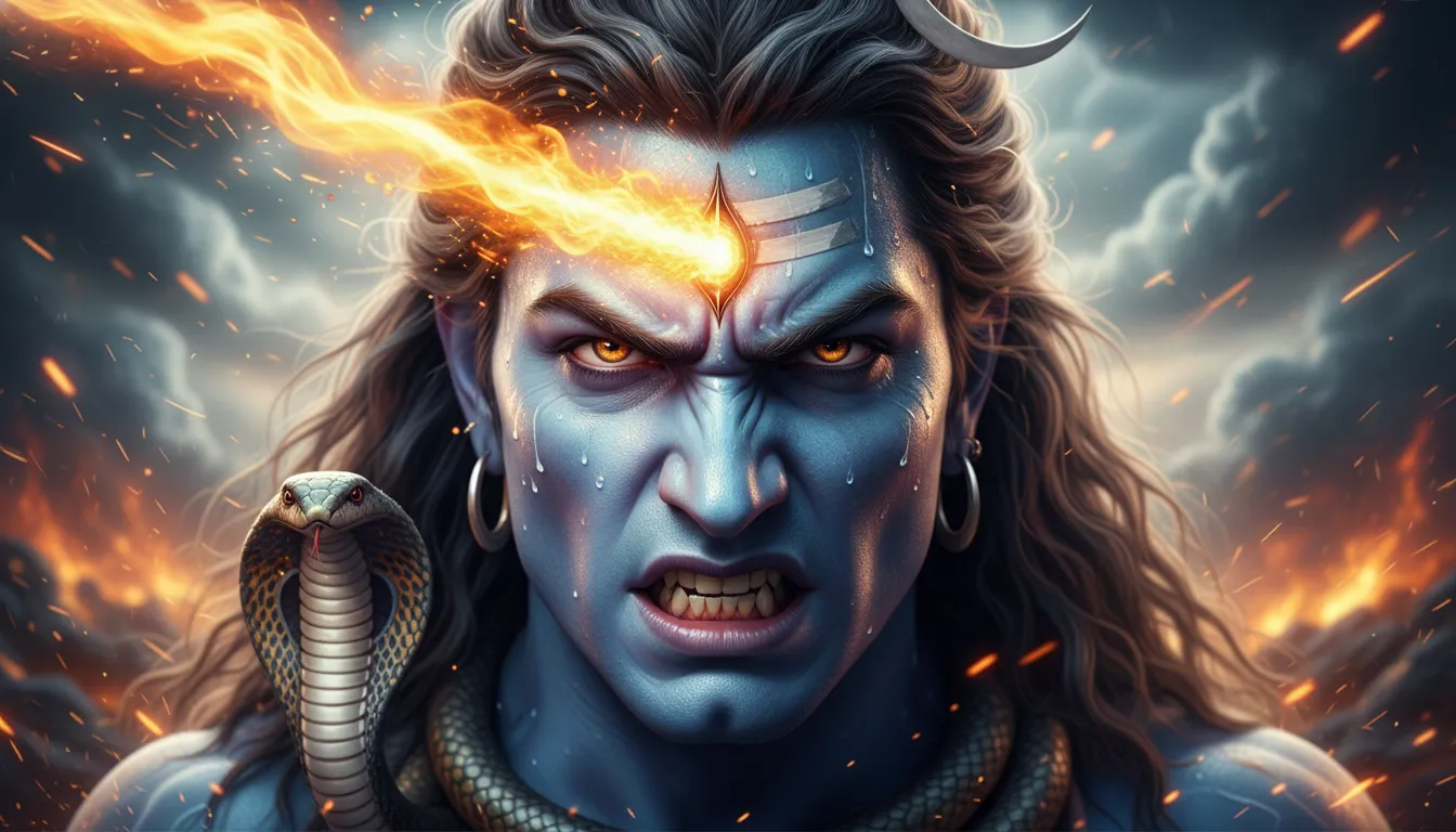 Close-up of Lord Shiva’s glowing third eye in anger with fire particles.